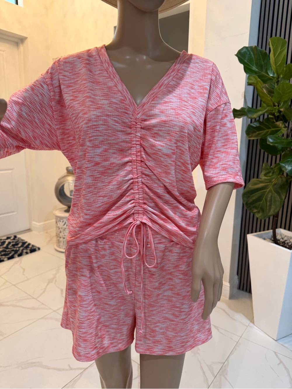 VENUS Pink Marled Ruched V-Neck Lounge Set